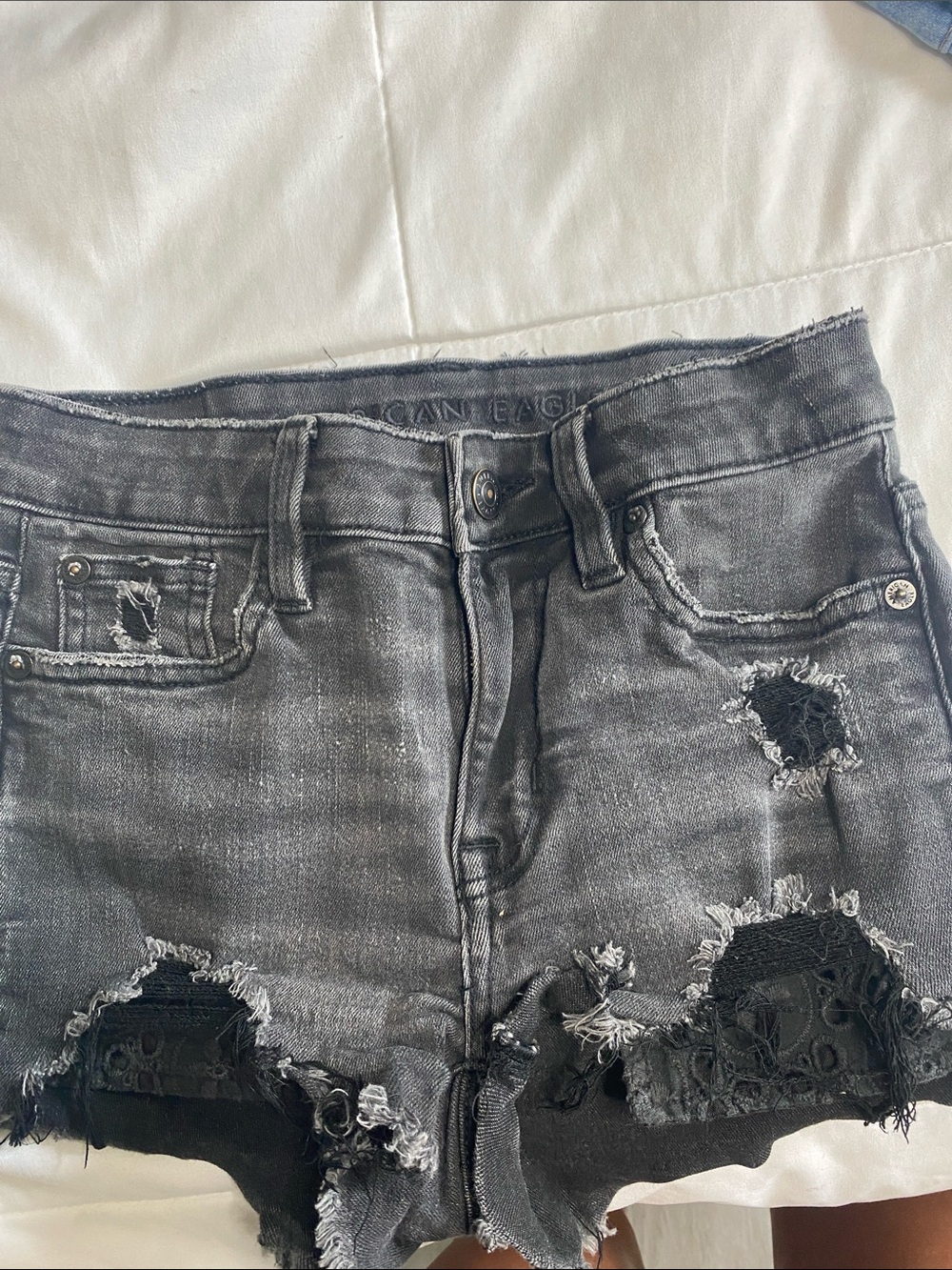 American Eagle Outfitters Gray Distressed Denim Shorts with Black Lace Patches